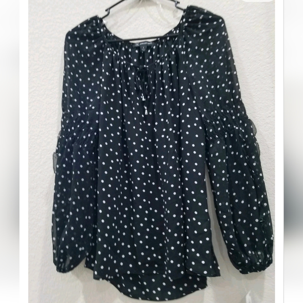 INC Black & White Polka Dot Long Sheer Balloon Sleeve Blouse Size Small**NWT